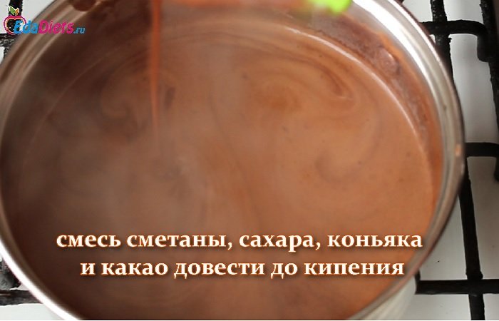 Шоколадный крем, смесь сметаны, сахара, коняька и какао довести до кипения, фото